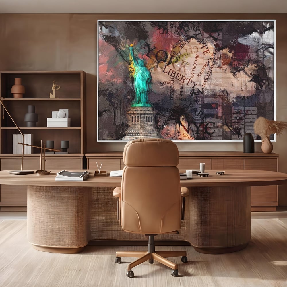 Tablou canvas cu tablou canvas cu statuia libertatii si text, in rama de aluminiu argintiu, pe perete intr-un birou
